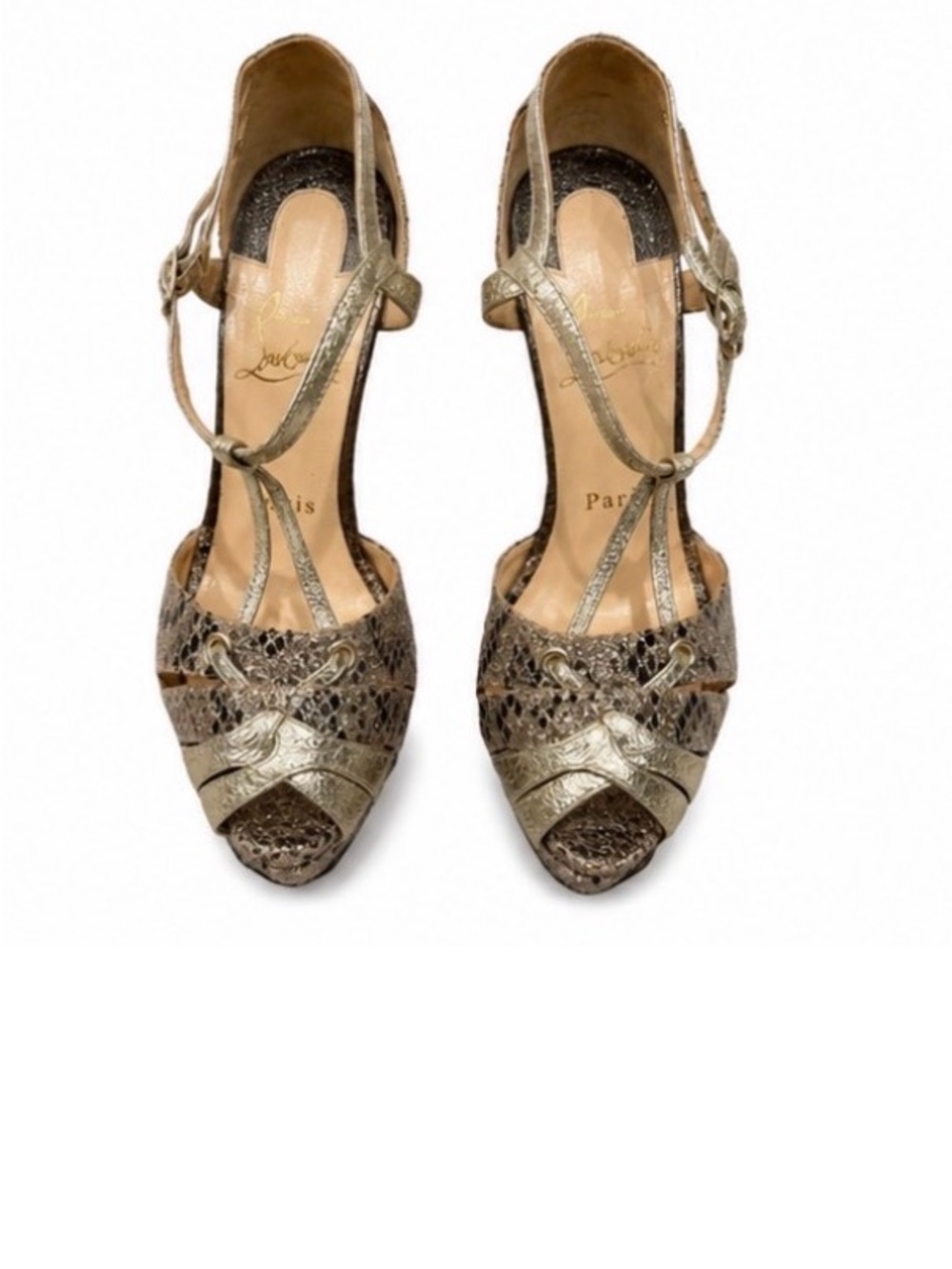 Christian Louboutin Metallic Gold Snakeskin T-Strap Peep-Toe Heels